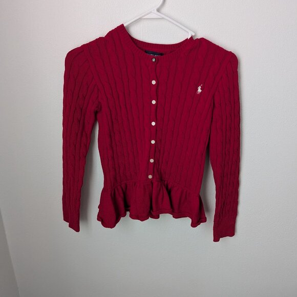 Ralph Lauren Girl's Red Flared Waist Button Up Sweater, 12/14 Large - Picture 1 of 6